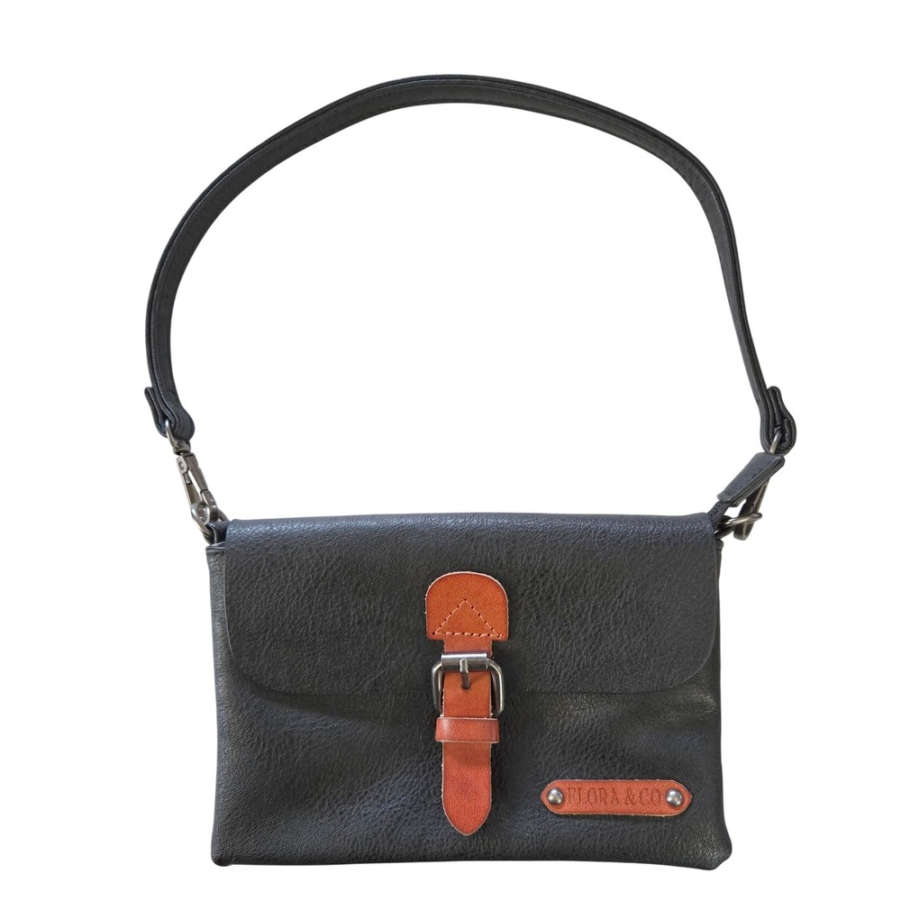 Flora & Co Paris Classic Chic‎ Black Faux Leather Shoulder Bag Buckle Detail